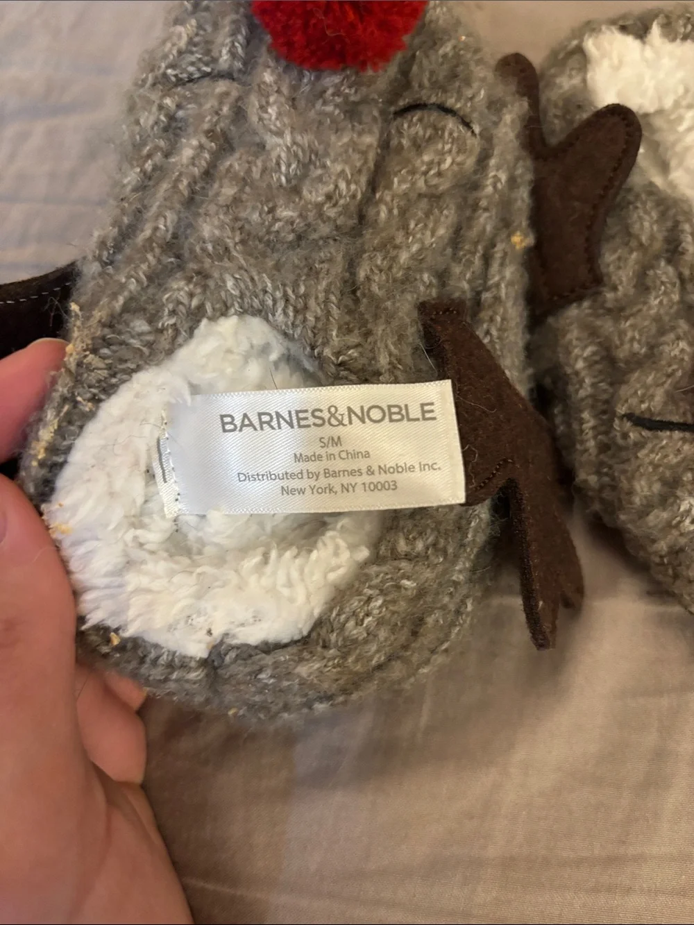 Barnes & Noble Gray Reindeer Kids Slipper Socks with Red Pom Nose
